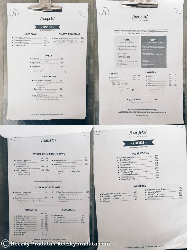 Menu Hayati Speciaity Coffee